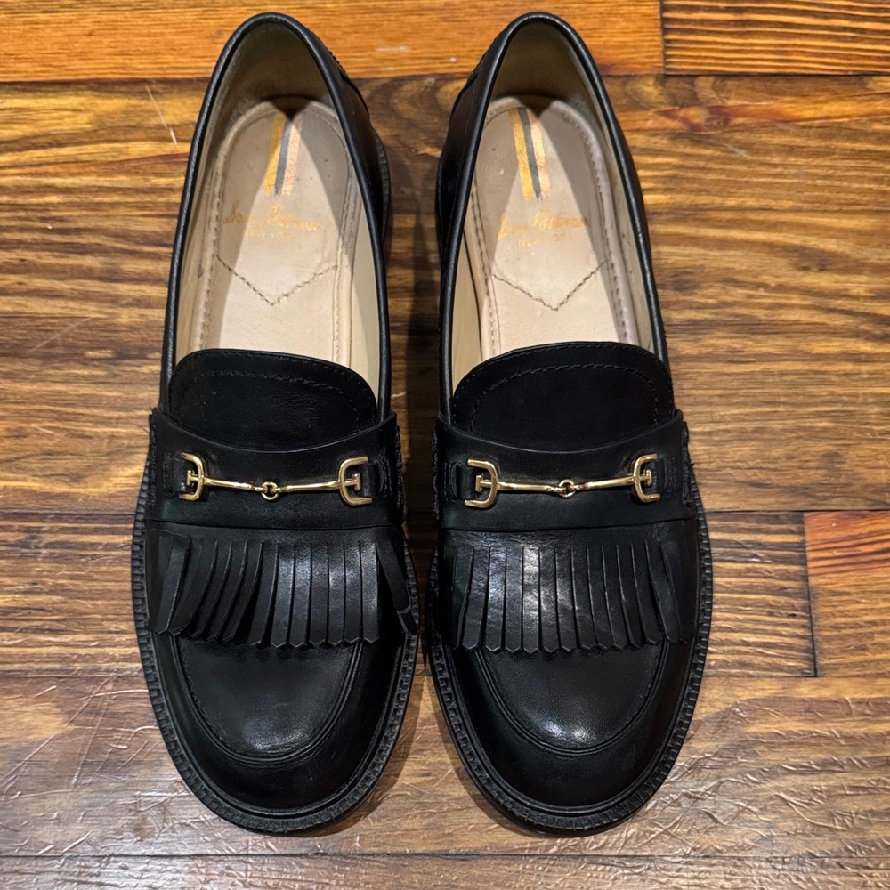 Black Leather Loafers with Fringe Detail